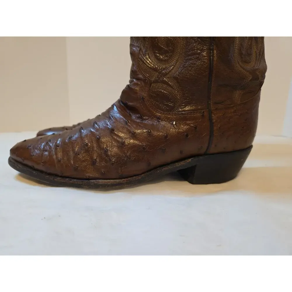 Vtg Dan Post Mens 9.5 Ew Brown Ostrich Leather Cowboy Boots